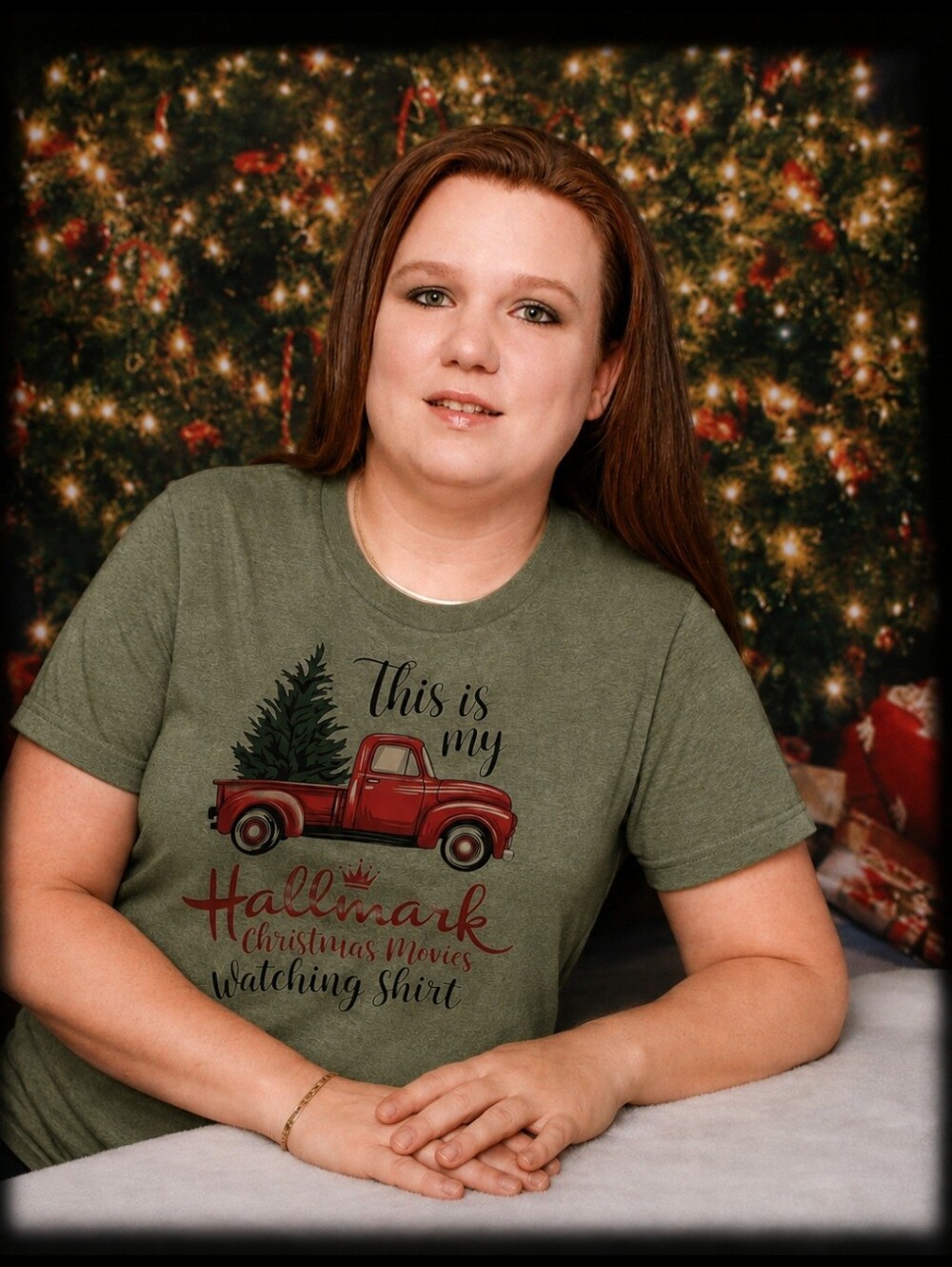 Custom-made Hallmark Olive Green T‑Shirt with Red Vintage Truck Graphic